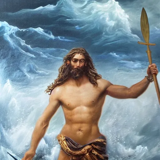 Image similar to poseidon standing at center frame back turned to the camera, holding a trident, with his back turned to the camera, a storm ahead, high res, oil painting, realistic, water, greek god, epic composition, masterpiece, award winning, low exposure