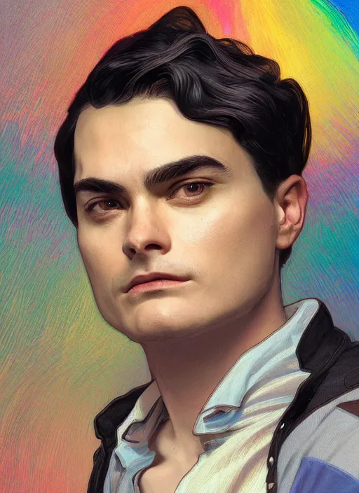 Image similar to Ben Shapiro as a transgender, gay colors, queer theme, rainbow hair , sigma male, accurately portrayed, portrait art by alphonse mucha and greg rutkowski, highly detailed, digital painting, concept art, illustration, dim lighting with twilight rays of sunlight, trending on artstation, very detailed, smooth, sharp focus, octane render, close up