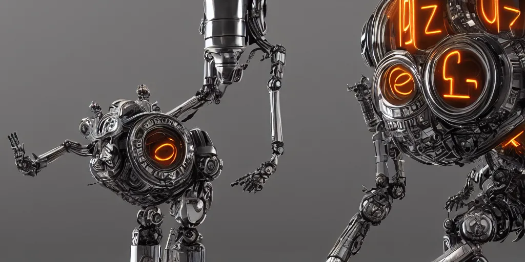 Prompt: nixie tube robot with robot spider legs, ornate, hyper realism, reflections, intricate, realistic, digital art, detailed, studio shot, unreal engine 5, octane, high definition, artstation, concept art, behance