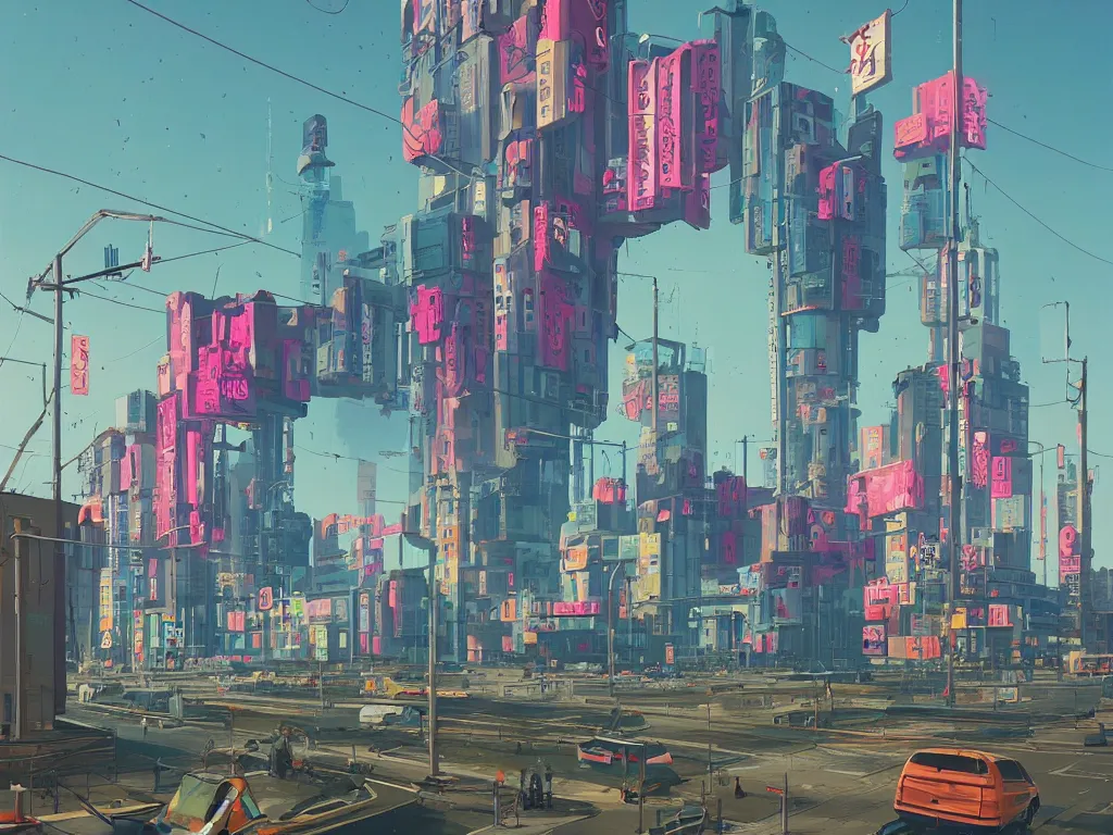 Image similar to tall futuristic buildings, billboards and neonsigns by Yusei Uesugi and Simon Stålenhag