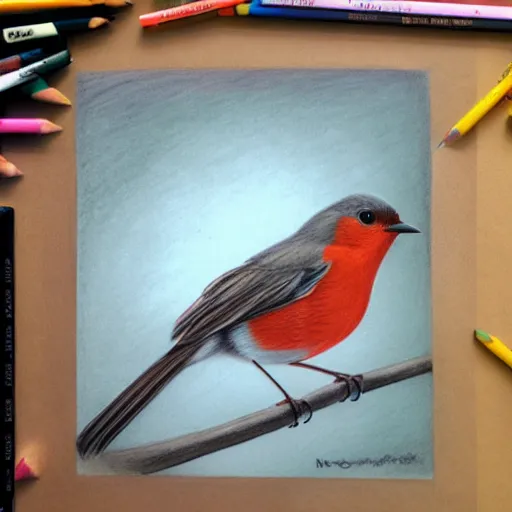 Prompt: a color pencil drawing of a robin bird by natalia rojas, pastel color, wingspan, high quality, artstation, 4 k, realism, photorealism, fine art