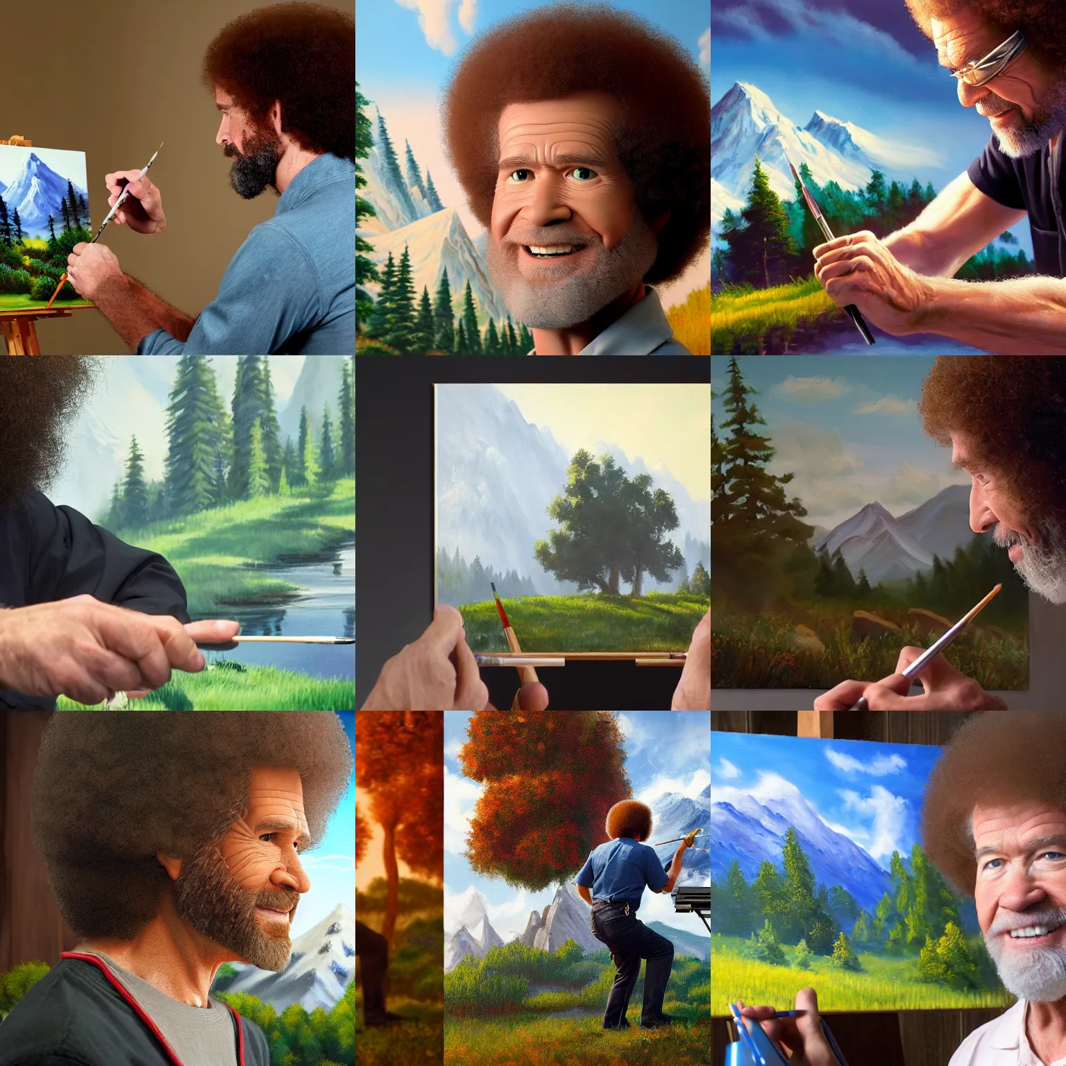 Prompt: a closeup photorealistic photograph of bob ross painting an image of ant man on a canvas. mountains and trees. film still. brightly lit scene. this 4 k hd image is trending on artstation, featured on behance, well - rendered, extra crisp, features intricate detail, epic composition and the style of unreal engine.