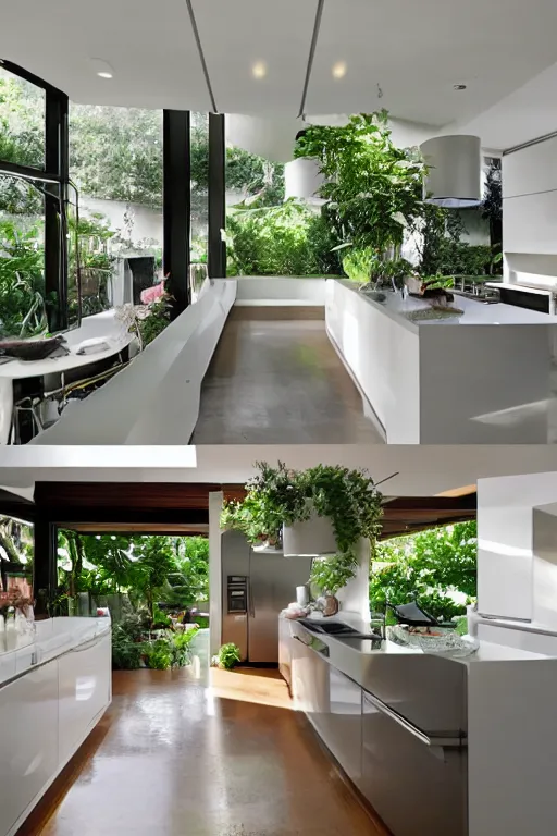 Prompt: a gigantic modern kitchen in a light and beautiful room with plants and furniture by john lautner, high detail, hyper-realistic environment