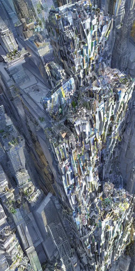 Prompt: an exploded 3d axonometric diagram of a maximalist skyscraper by gaudi and by gehry, highly detailed glass and stone facade, massive scale, epic complexity, with the density of a borg cube, octane render, volumetric lighting, hightech, ethereal and whimsical