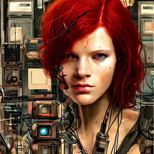 Prompt: portrait of a redhead female cyberpunk, surrounded by wires cables skulls, machines, data, in the style of john william waterhouse, and michael w kaluta, craig mullins ashley wood