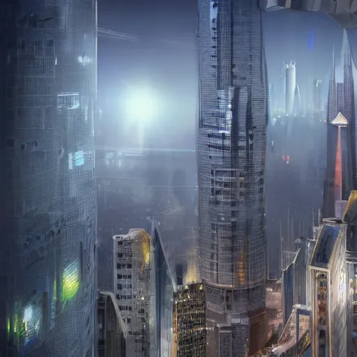 Prompt: a giant skyscraper towering above the city, huge skybridges connect smaller towers to the tallest tower, detailed, concept sci-fi art, sunbeams, volumetric lighting