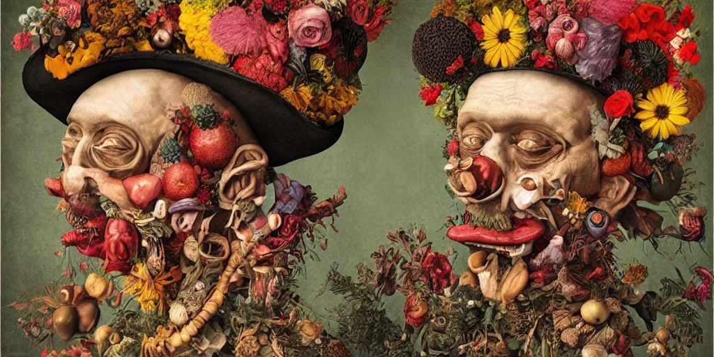 Image similar to an album cover of a man with a strange hat on his head by Arcimboldo, behance contest winner, award winning, masterpiece, pop surrealism, made of flowers, surrealist-H 1024