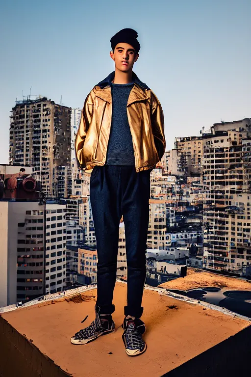 Image similar to un ultra high definition studio quality fashion editorial photographic portrait of a young man standing on the rooftop of an apartment building wearing all eclectic soft clothes. wide angle. three point light. extremely detailed. golden hour, golden ratio, ray tracing, volumetric light, shallow depth of field. set dressed.