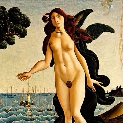 Prompt: Alexandria Ocasio-Cortez in The Birth of Venus, painting from 1485 by Sandro Botticelli,