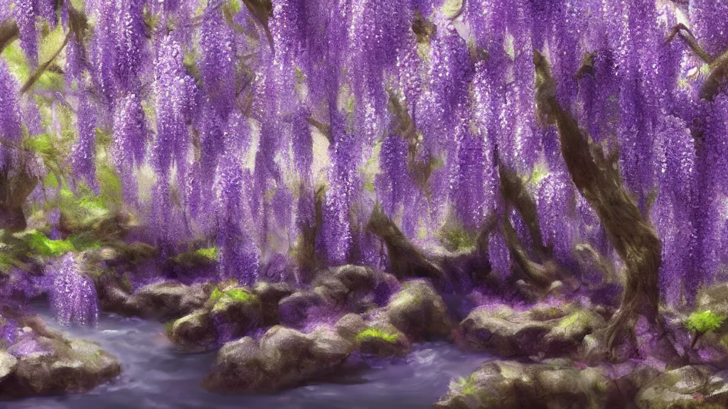 Prompt: wisteria forest with a narrow rocky purple river flowing through it. digital painting. trending on artstation.