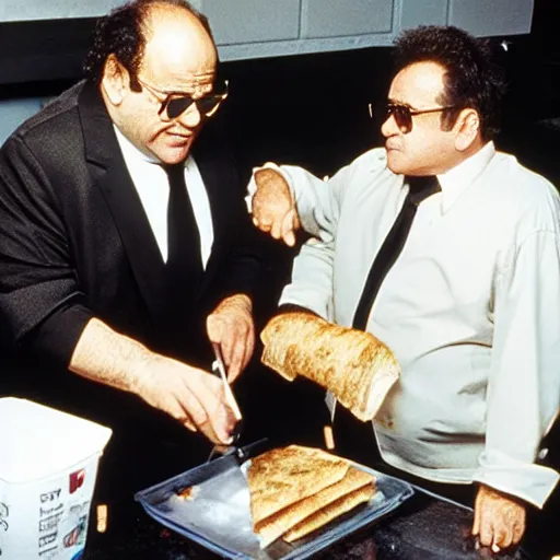 Prompt: danny devito and joe pesci making sandwiches