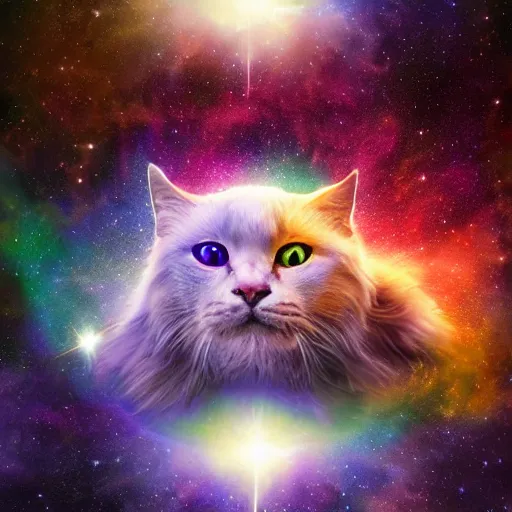 Image similar to all knowing galaxy cat god of the celestial cosmos, trending on artstation, nasa photos, 4 k, hyper realism, high detail, cinematic, cinematic lighting, epic, realistic, fantasy