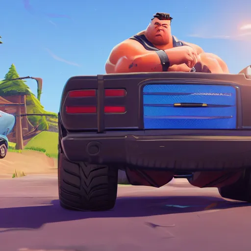 Image similar to fat john cena driving a car with really big tires, super big tires, fortnite screenshot. 8k, 4k. Chonkers. Chonk.