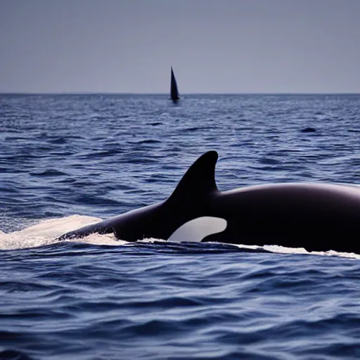 Image similar to realistic photo of an orca near a sailboat on a calm ocean.