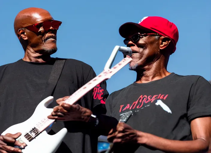 Prompt: photo still of samuel l jackson on stage at vans warped tour!!!!!!!! at age 3 3 years old 3 3 years of age!!!!!!!! playing a tamborine, 8 k, 8 5 mm f 1. 8, studio lighting, rim light, right side key light