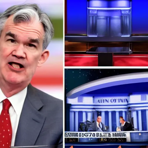 Prompt: Jerome Powell vs a grizzly bear in political debate on TV