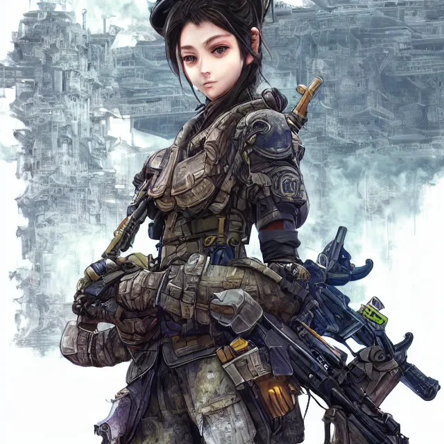 Image similar to the portrait of lawful neutral female futuristic infantry sniper as absurdly beautiful, gorgeous, elegant, young anime girl, an ultrafine hyperdetailed illustration by kim jung gi, irakli nadar, intricate linework, bright colors, octopath traveler, final fantasy, unreal engine 5 highly rendered, global illumination, radiant light, detailed and intricate environment