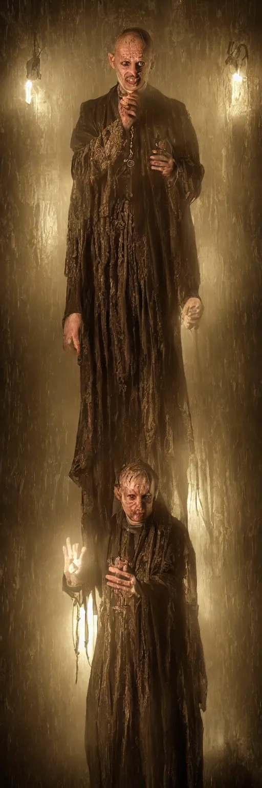 Image similar to a highly realistic and detailed full Priest standing in a dark dirty basement holding a rosary, wide angle 70mm lens, volumetric haze, front facing camera, symmetrical, photorealistic, insanely detailed and intricate, epic, hyper realistic, elegant, ornate, elite, horror, creepy, ominous, haunting, cinematic lighting, unreal engine, cinematic centered camera, high detail, no blur, unreal engine 8k