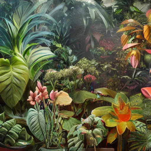 Prompt: the reveal party of exotic plants in a huge terrarium, the 1 9 6 0 s, oil painting, pale colors, high detail, 8 k, wide angle, trending on artstation