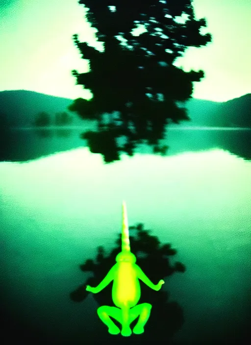 Image similar to “unicorn pepe the frog vertically hovering above misty lake waters in jesus christ pose, low angle, long cinematic shot by Andrei Tarkovsky, paranormal, eerie, mystical”