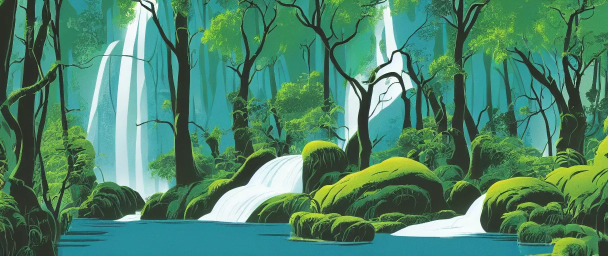 Prompt: eyvind earle disney background art of a beautiful waterfall in a forest