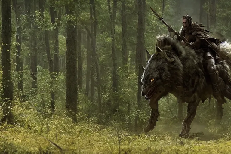 Image similar to vfx movie closeup detailed ancient armored warrior orc hunting riding large wolf in the forest, natural lighting by emmanuel lubezki