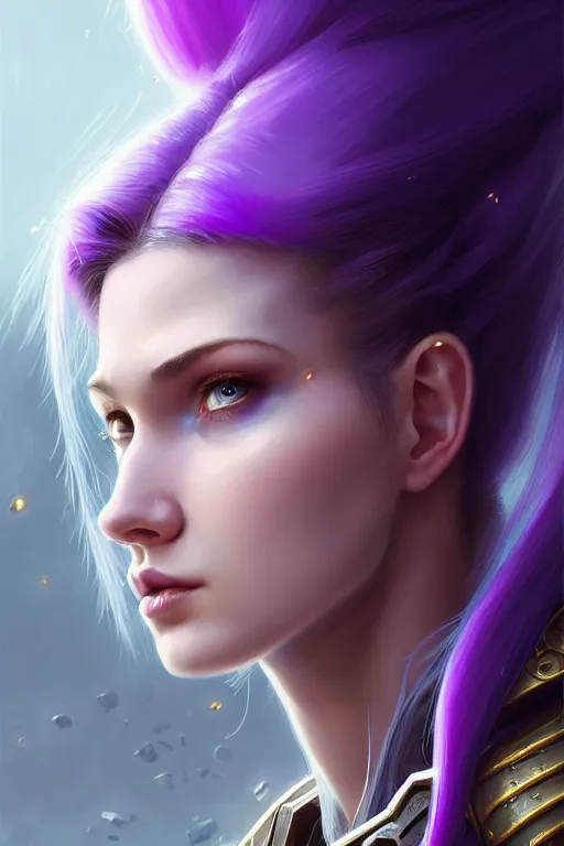 Image similar to alexey gurylev, close up portrait, young pale woman in sci - fi armor with purple ponytail hair, stoic, focused, powerful, d & d, fantasy, complex, elegant, highly detailed, digital painting, artstation, concept art, matte, clear focus, illustration, hearthstone, artgerm art, greg rutkovsky and alphonse mucha
