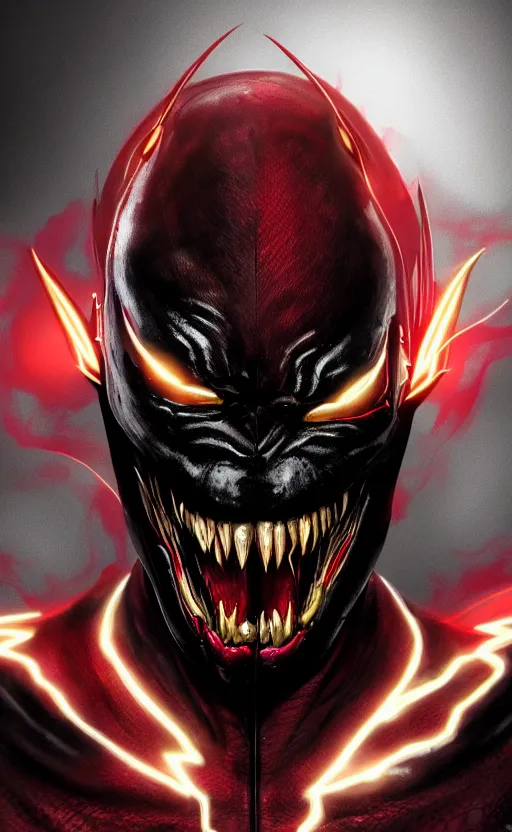 Image similar to portrait of venom as the flash, black and red, dynamic lighting, cinematic, ultra detailed, trending on art station, stunning visuals, creative, fantasy concept art