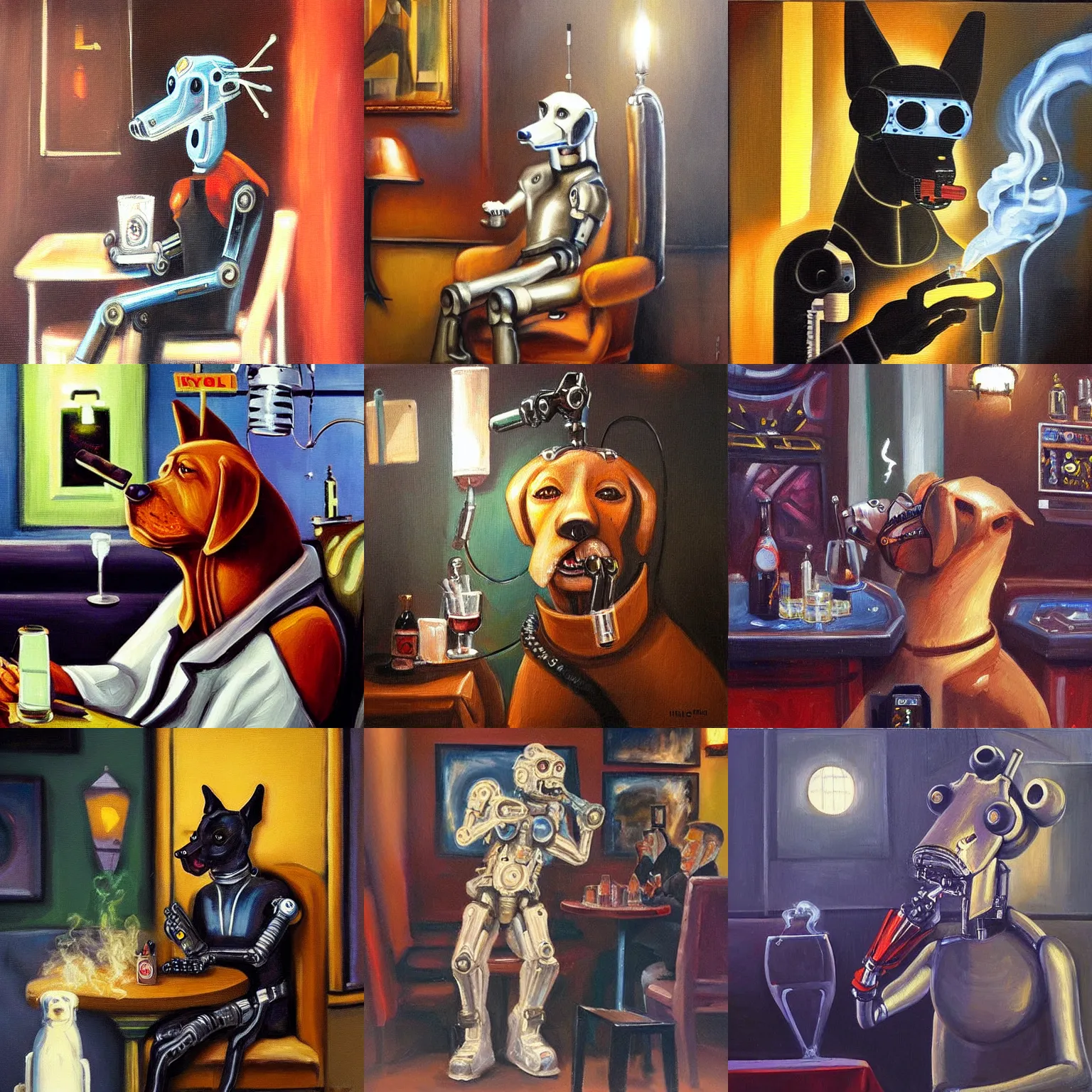 Prompt: “A cybernetic humanoid dog smoking a cigar in a fantasy Parisian pub, oil painting”