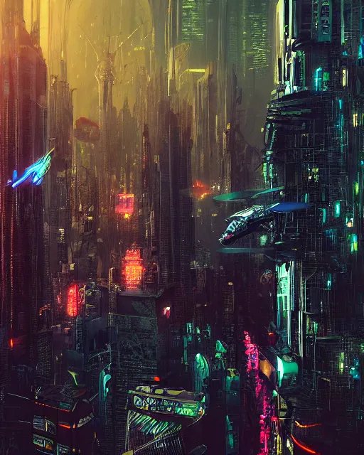 Image similar to cyberpunk drone above a city, scifi, futuristic, neon light, highly detailed, concept art, sharp focus, trending on artstation, intricate, atmosphere, raining, art by roman makarenko, dzung phung dinh