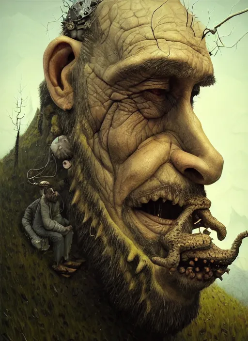 Image similar to gediminas pranckevicius | close up portrait of a monster in the sinister valley of despair, siniter facem beard, rugged face, droping poping eye,, oil painting by tomasz jedruszek, cinematic lighting, pen and ink, intricate line, hd, 4 k, million of likes, trending on artstation pus