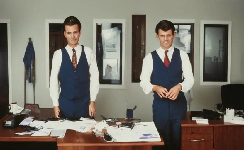 Image similar to color photo of a handsome wall street banker wearing suspenders in his office. 8 0's style