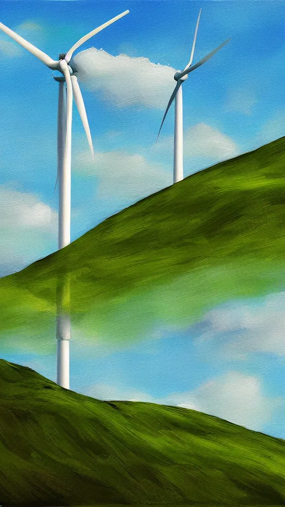 Prompt: a wind turbine, blue sky, sunshine,green land, highly detailed, digital painting