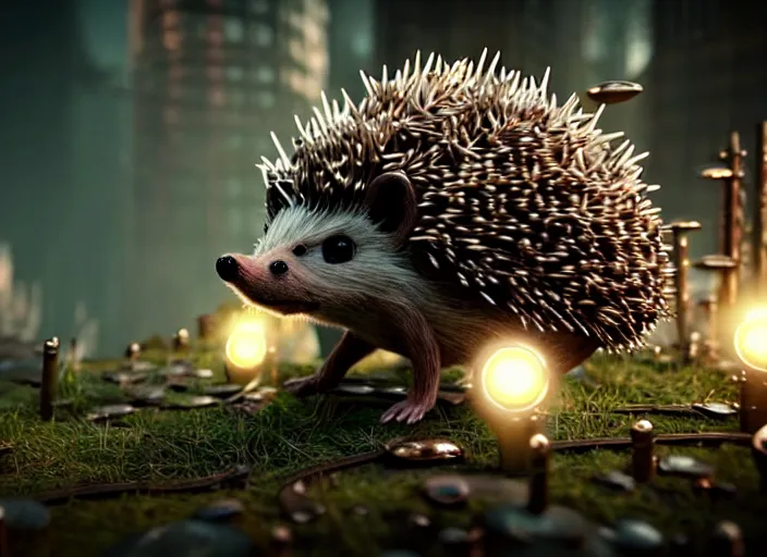 Image similar to intricate hedgehog with metal nails instead of needles, on the background of a weird magical mechanical forest. Very detailed 8k. Fantasy cyberpunk horror. Sharp. Cinematic post-processing. Unreal engine. Nanite. Ray tracing. Parallax. Tessellation