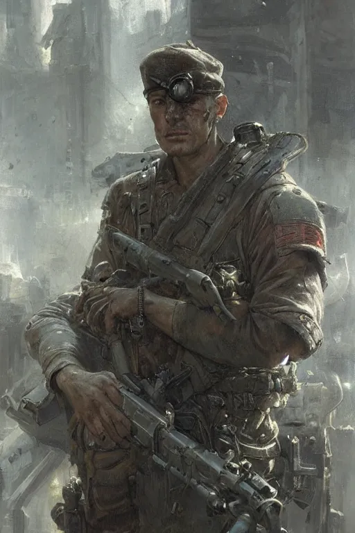 Prompt: a world war 2 cyberpunk soldier, upper body, highly detailed, intricate, sharp details, dystopian mood, sci-fi character portrait by gaston bussiere, craig mullins, inspired by graphic novel cover art