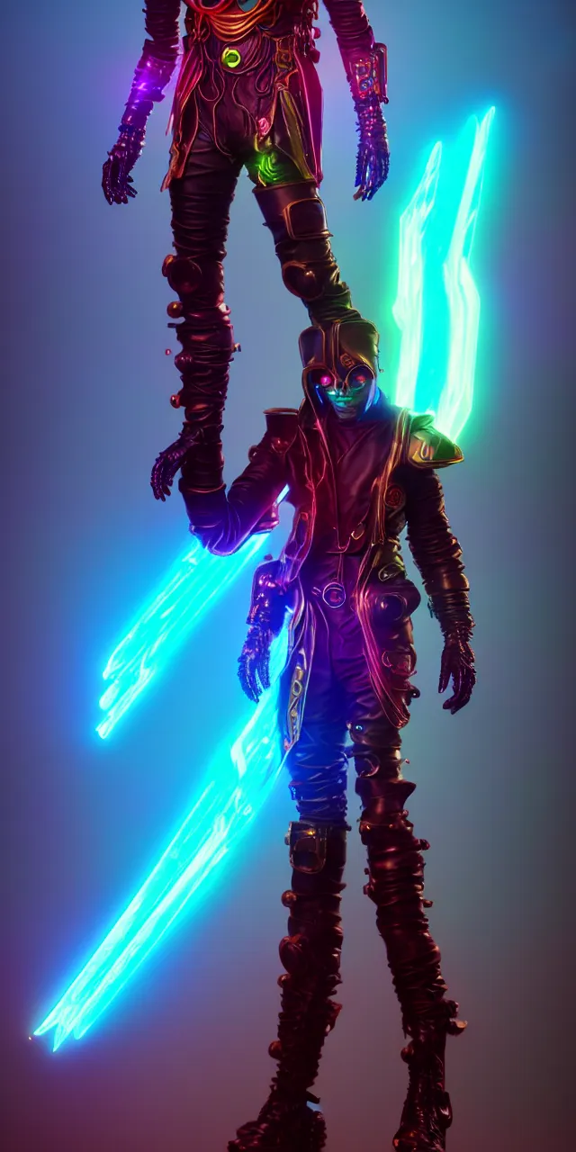 Prompt: max chroma the steampunk synthwave cybergod of color hues, fantasy superhero cinematic movie character concept, photorealistic unreal engine, by max chroma on artstation