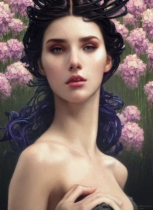 Image similar to beautiful young woman, gorgeous face, flowers over her eyes, ravens in the background, bladerunner city landscape, cybernetic, wires, technology, vaporwave aesthetic, synthwave, intricate, elegant, highly detailed, digital painting, artstation, concept art, smooth, sharp focus, illustration, art by artgerm and greg rutkowski and alphonse mucha