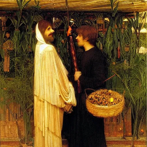 Prompt: father and son hold a lulav and citron in a sukkah, golden hour, painting by john william waterhouse, highly detailed