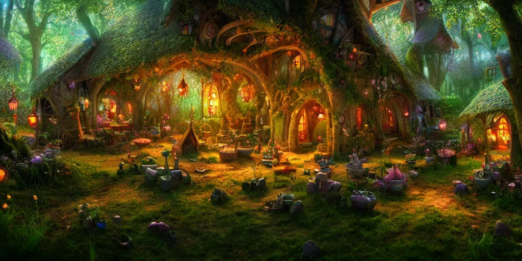 Image similar to inside an ethereal magical fairy village, highly detailed, 8 k, hdr, award - winning, octane render, artstation