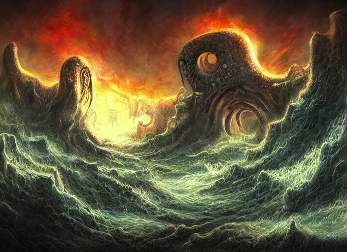 Image similar to epic lovecraftian hellscape, digital art, masterpiece