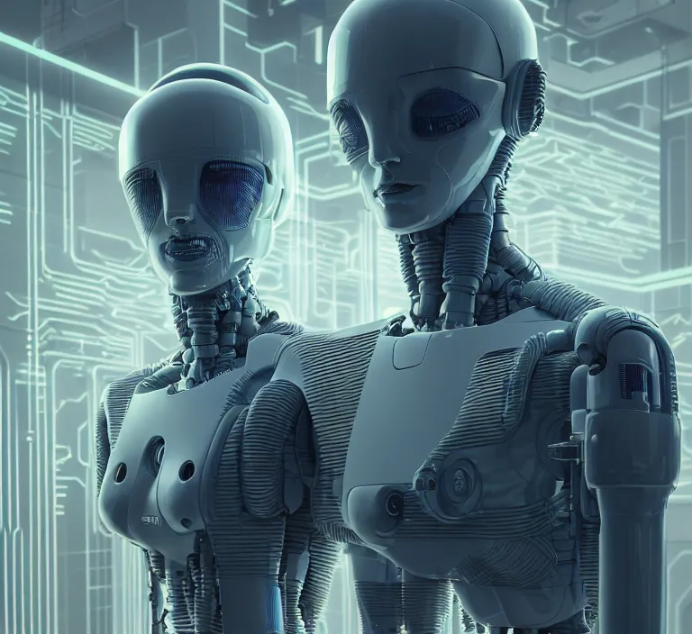 Prompt: hyperrealism stock photography of highly detailed stylish humanoid robot in sci - fi cyberpunk style by gragory crewdson and vincent di fate with many details by josan gonzalez working in the highly detailed data center by mike winkelmann and laurie greasley hyperrealism photo on dsmc 3 system rendered in blender and octane render