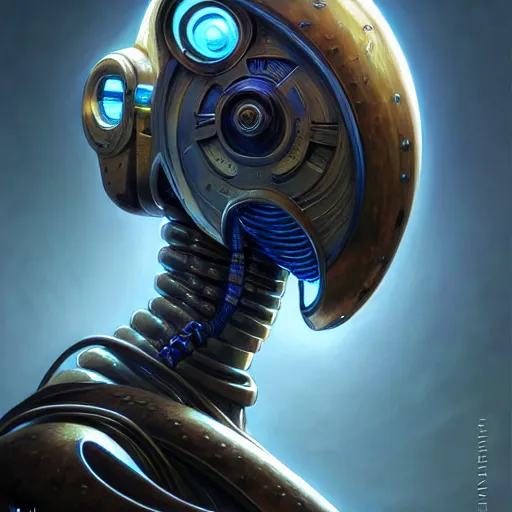 Image similar to front shot of a cyberpunk gazmask robot character, intricate, elegant, highly detailed, centered, digital painting, artstation, concept art, smooth, sharp focus, illustration, artgerm, Tomasz Alen Kopera, Peter Mohrbacher, donato giancola, Joseph Christian Leyendecker, WLOP, Boris Vallejo