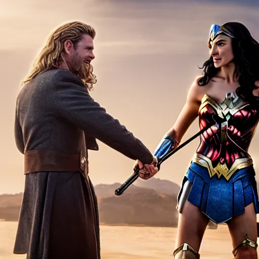 Prompt: cinematic film scene of wonder woman gal gadot and Thor Chris Hemsworth having a cocktail laughing, MCU, photo realistic, ultra detailed, trending on art station, concept art, hyper real, unreal engine render, 16k
