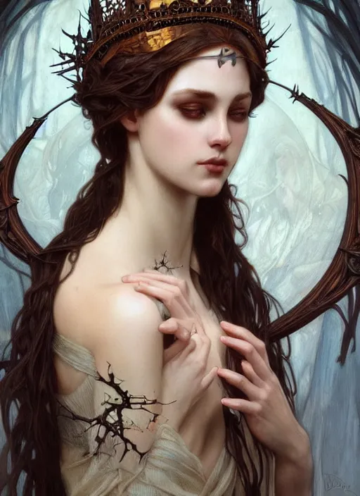 Prompt: beautiful pale gothic maiden with crown of thorns, intricate, elegant, highly detailed, digital painting, artstation, concept art, smooth, sharp focus, illustration, art by artgerm and greg rutkowski and alphonse mucha and Gustav Klimt
