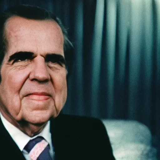 Image similar to up-close portait photo of Nixon, 1975, cinestill, 800t, 35mm, full-HD