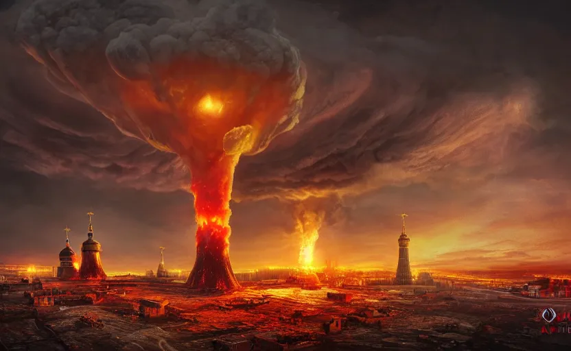 Prompt: ultra realistic picture of a big nuclear explosion with realistic nuclear mushroom in Red Square Kremlin, dramatic lighting, cinematic, extremely high detail, photo realistic, cinematic lighting, post processed, concept art, artstation, matte painting, unreal engine 8k