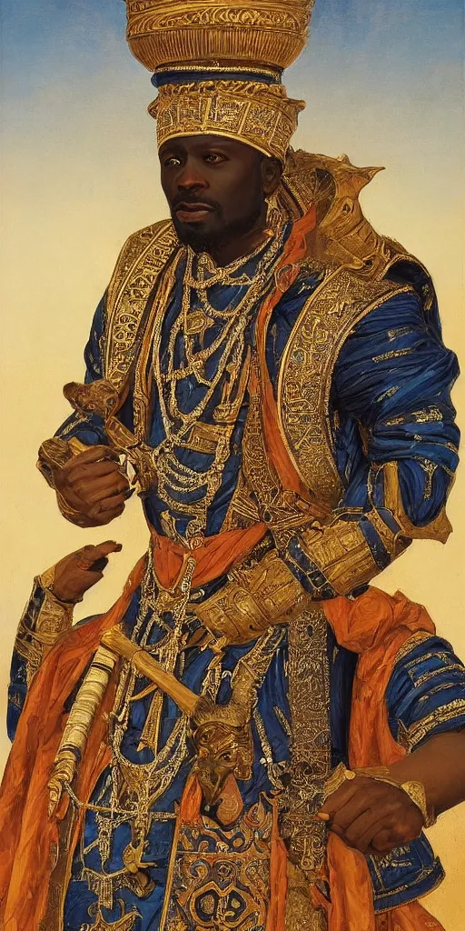 Image similar to a stunning and noble highly detailed romantic period style portrait of Mansa Musa by Josep Tapiró Baró, trending on artstation, oil painting masterpiece, symmetry, mysterious, very very very aesyhetic, African iconography