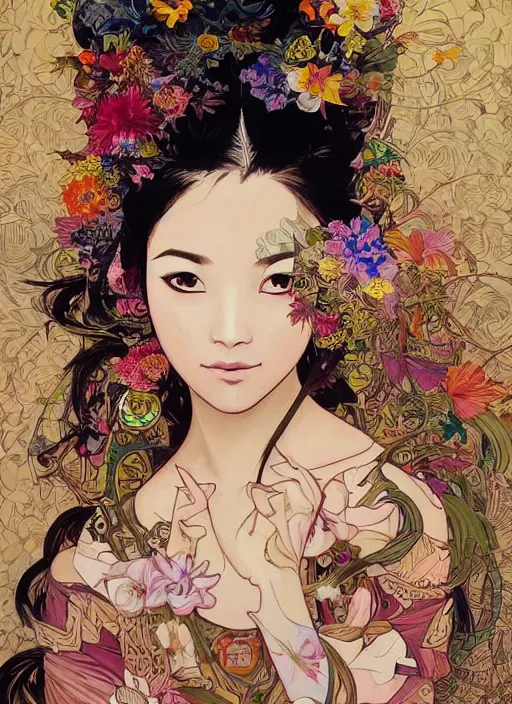 Image similar to !!! very coherent!!! oil painting, beautiful floralpunk balinese cyborg portrait girl female illustration detailed patterns art of bali traditional dress, flower pop art, floral splash painting, art by ashley wood, alphonse mucha, makoto shinkai, geof darrow, dark shadow