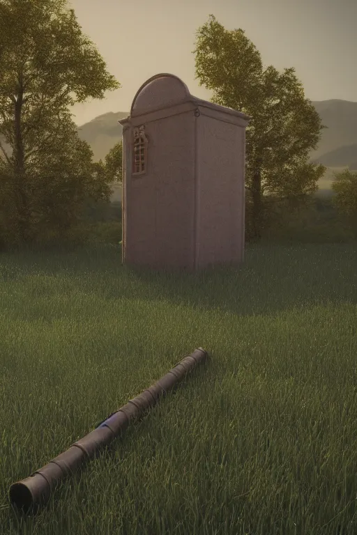 Prompt: a detailed modeling of an isolated lonely large porcelain pipe organ in the middle of a field, intertwined with a lone stone pillar, trending on artstation, render, 3 d, octane, 4 k, 8 k, unreal engine, cinema 4 d, baroque, art deco,