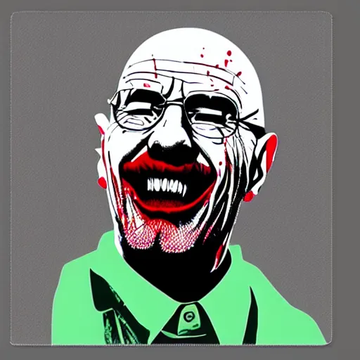 Image similar to die cut sticker, walter white laughing like the joker, splatter paint